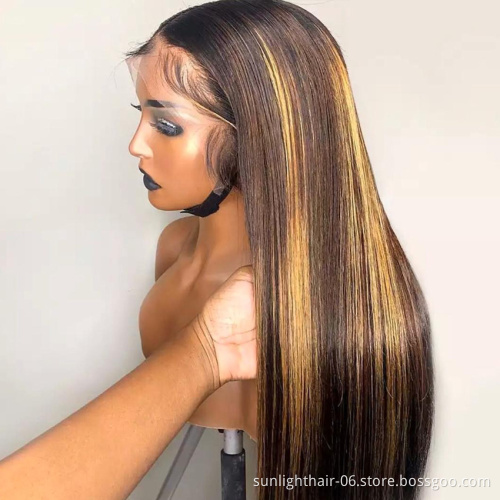 Highlight Wig Honey Brown Ombre Human Hair Wigs For Black Women 13X4 Straight Lace Front Transparent HD Lace Frontal Wigs